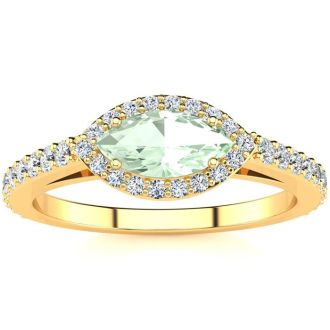 3/4 Carat Marquise Shape Green Amethyst and Halo Diamond Ring In 14 Karat Yellow Gold