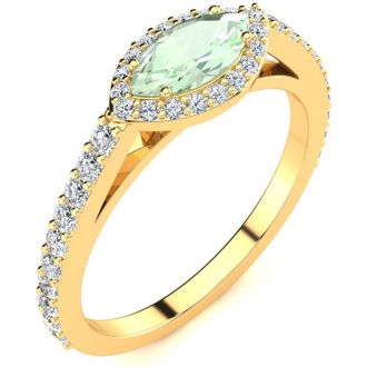 3/4 Carat Marquise Shape Green Amethyst and Halo Diamond Ring In 14 Karat Yellow Gold