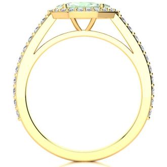 3/4 Carat Marquise Shape Green Amethyst and Halo Diamond Ring In 14 Karat Yellow Gold