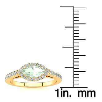3/4 Carat Marquise Shape Green Amethyst and Halo Diamond Ring In 14 Karat Yellow Gold