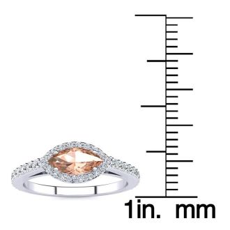 3/4 Carat Marquise Shape Morganite and Halo Diamond Ring In 14 Karat White Gold