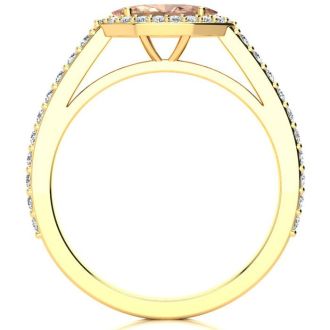 3/4 Carat Marquise Shape Morganite and Halo Diamond Ring In 14 Karat Yellow Gold