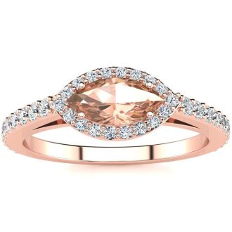 3/4 Carat Marquise Shape Morganite and Halo Diamond Ring In 14 Karat Rose Gold