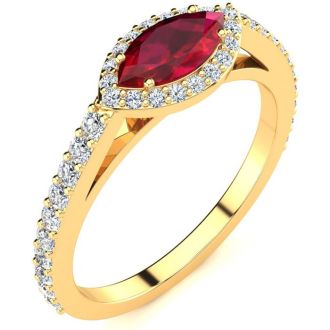 1 Carat Marquise Shape Ruby and Halo Diamond Ring In 14 Karat Yellow Gold