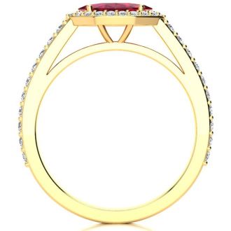 1 Carat Marquise Shape Ruby and Halo Diamond Ring In 14 Karat Yellow Gold