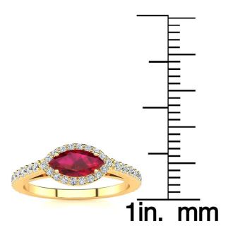 1 Carat Marquise Shape Ruby and Halo Diamond Ring In 14 Karat Yellow Gold