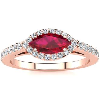 1 Carat Marquise Shape Ruby and Halo Diamond Ring In 14 Karat Rose Gold