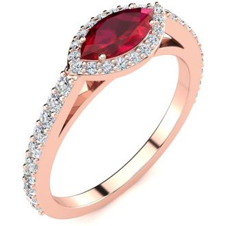 1 Carat Marquise Shape Ruby and Halo Diamond Ring In 14 Karat Rose Gold
