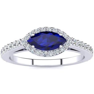 1 Carat Marquise Shape Sapphire and Halo Diamond Ring In 14 Karat White Gold