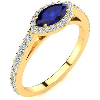1 Carat Marquise Shape Sapphire and Halo Diamond Ring In 14 Karat Yellow Gold