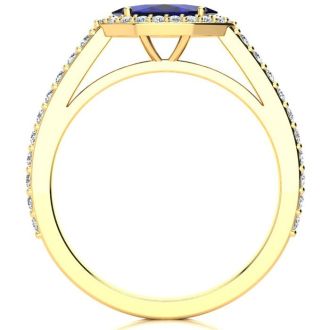 1 Carat Marquise Shape Sapphire and Halo Diamond Ring In 14 Karat Yellow Gold