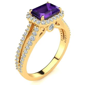 1 1/3 Carat Antique Amethyst and Halo Diamond Ring In 14 Karat Yellow Gold