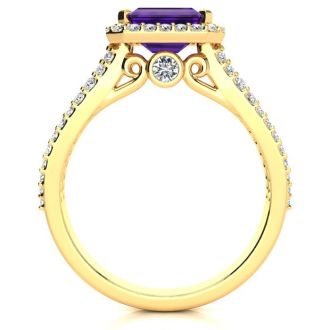 1 1/3 Carat Antique Amethyst and Halo Diamond Ring In 14 Karat Yellow Gold