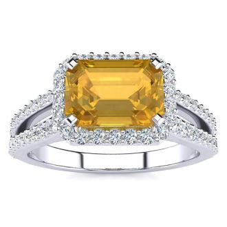 1 1/3 Carat Antique Citrine and Halo Diamond Ring In 14 Karat White Gold
