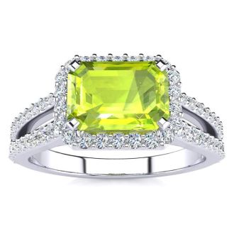 1 1/2 Carat Antique Peridot and Halo Diamond Ring In 14 Karat White Gold