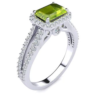 1 1/2 Carat Antique Peridot and Halo Diamond Ring In 14 Karat White Gold