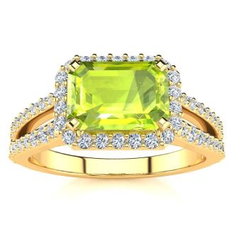 1 1/2 Carat Antique Peridot and Halo Diamond Ring In 14 Karat Yellow Gold
