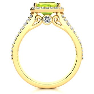 1 1/2 Carat Antique Peridot and Halo Diamond Ring In 14 Karat Yellow Gold