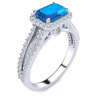 1 1/2 Carat Antique Blue Topaz and Halo Diamond Ring In 14 Karat White Gold