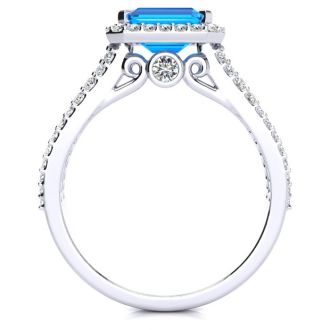 1 1/2 Carat Antique Blue Topaz and Halo Diamond Ring In 14 Karat White Gold