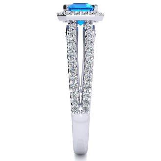 1 1/2 Carat Antique Blue Topaz and Halo Diamond Ring In 14 Karat White Gold