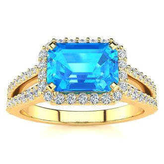 1 1/2 Carat Antique Blue Topaz and Halo Diamond Ring In 14 Karat Yellow Gold