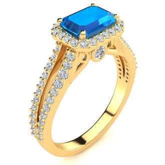 1 1/2 Carat Antique Blue Topaz and Halo Diamond Ring In 14 Karat Yellow Gold