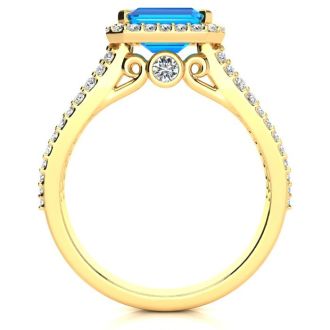1 1/2 Carat Antique Blue Topaz and Halo Diamond Ring In 14 Karat Yellow Gold