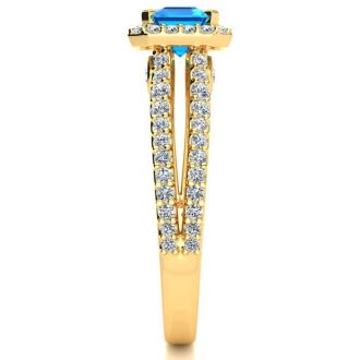 1 1/2 Carat Antique Blue Topaz and Halo Diamond Ring In 14 Karat Yellow Gold