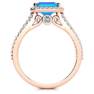 1 1/2 Carat Antique Blue Topaz and Halo Diamond Ring In 14 Karat Rose Gold