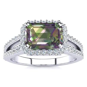 1-1/3 Carat Octagon Shape Mystic Topaz Ring With Diamond Halo In 14 Karat White Gold
