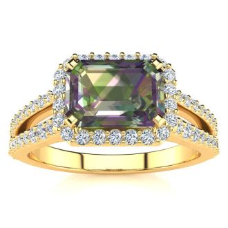 1-1/3 Carat Octagon Shape Mystic Topaz Ring With Diamond Halo In 14 Karat Yellow Gold