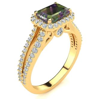 1-1/3 Carat Octagon Shape Mystic Topaz Ring With Diamond Halo In 14 Karat Yellow Gold