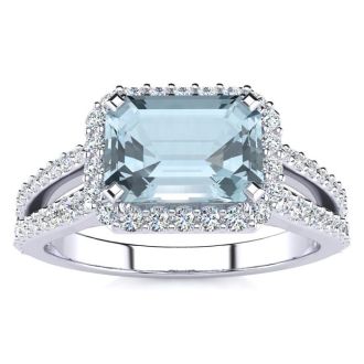 Aquamarine Ring: Aquamarine Jewelry: 1 1/3 Carat Antique Aquamarine and Halo Diamond Ring In 14 Karat White Gold
