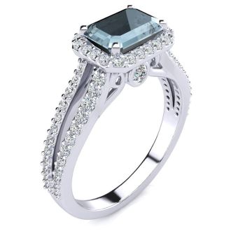 Aquamarine Ring: Aquamarine Jewelry: 1 1/3 Carat Antique Aquamarine and Halo Diamond Ring In 14 Karat White Gold