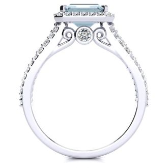 Aquamarine Ring: Aquamarine Jewelry: 1 1/3 Carat Antique Aquamarine and Halo Diamond Ring In 14 Karat White Gold