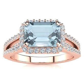 Aquamarine Ring: Aquamarine Jewelry: 1 1/3 Carat Antique Aquamarine and Halo Diamond Ring In 14 Karat Rose Gold