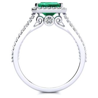 1 1/3 Carat Antique Emerald and Halo Diamond Ring In 14 Karat White Gold
