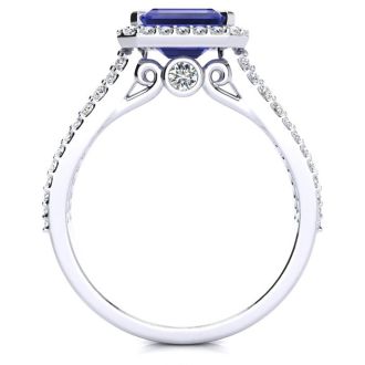 1 1/2 Carat Antique Tanzanite and Halo Diamond Ring In 14 Karat White Gold