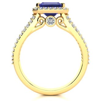 1 1/2 Carat Antique Tanzanite and Halo Diamond Ring In 14 Karat Yellow Gold