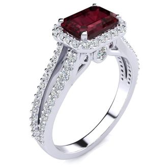 Garnet Ring: Garnet Jewelry: 1 3/4 Carat Antique Garnet and Halo Diamond Ring In 14 Karat White Gold