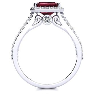 Garnet Ring: Garnet Jewelry: 1 3/4 Carat Antique Garnet and Halo Diamond Ring In 14 Karat White Gold