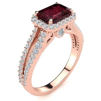 Garnet Ring: Garnet Jewelry: 1 3/4 Carat Antique Garnet and Halo Diamond Ring In 14 Karat Rose Gold
