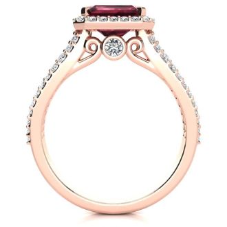 Garnet Ring: Garnet Jewelry: 1 3/4 Carat Antique Garnet and Halo Diamond Ring In 14 Karat Rose Gold