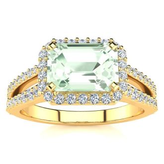 1 1/3 Carat Antique Green Amethyst and Halo Diamond Ring In 14 Karat Yellow Gold