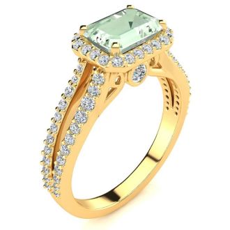 1 1/3 Carat Antique Green Amethyst and Halo Diamond Ring In 14 Karat Yellow Gold
