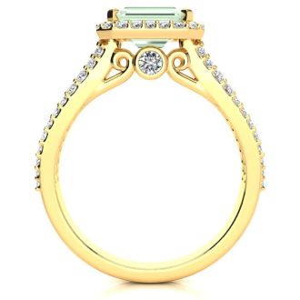 1 1/3 Carat Antique Green Amethyst and Halo Diamond Ring In 14 Karat Yellow Gold