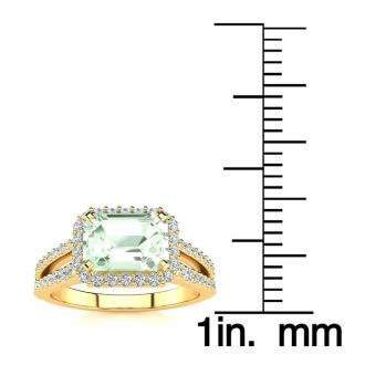 1 1/3 Carat Antique Green Amethyst and Halo Diamond Ring In 14 Karat Yellow Gold