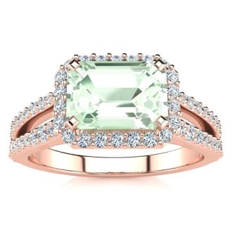 1 1/3 Carat Antique Green Amethyst and Halo Diamond Ring In 14 Karat Rose Gold