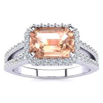 1-1/3 Carat Antique Morganite and Halo Diamond Ring In 14 Karat White Gold